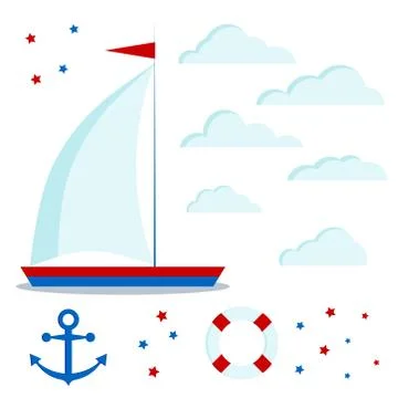 Icon set of blue and red sailboat with one sail, clouds, stars, anchor, lifeb Stock Illustration