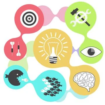 Icon set brain light bulb darts target fish eye gear 스톡 일러스트
