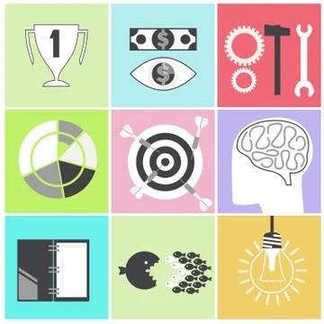 Icon set brain light bulb darts target fish eye gear Stock Illustration