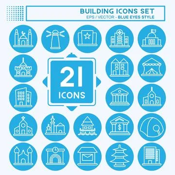 Icon Set Building. suitable for education symbol. blue eyes style. simple des Ilustración de archivo