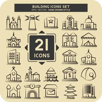 Icon Set Building. suitable for education symbol. hand drawn style. simple .. Ilustración de archivo