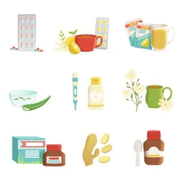 Icon set of cold and flu treatment objects. Tablets, tea with lemon and herbs Illustrazione stock