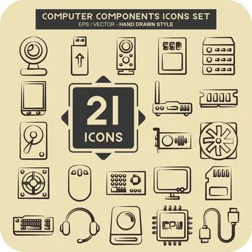 Icon Set Computer Components. suitable for education symbol. hand drawn sty.. Stock Illustration