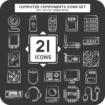 Icon Set Computer Components. suitable for education symbol. chalk Style. s.. Stock Illustration