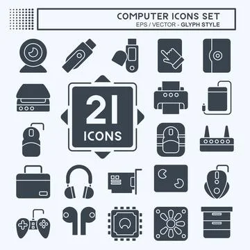 Icon Set Computer. related to Computer Hardware symbol. glyph style. simple.. Stock Illustration