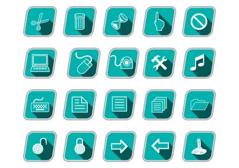 Icon set with computer symbols, green skew icons, long shadow, white pictograms Illustrazione stock