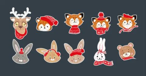 Icon set of cute christmas forest animals. Stock Illustration
