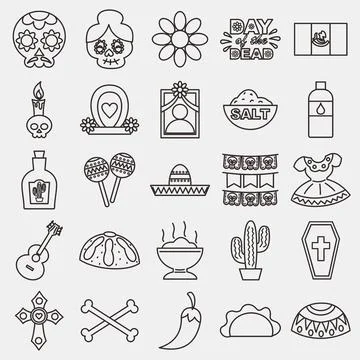 Icon set day of the dead. Day of the dead celebration elements. Icons in li.. Stock Illustration
