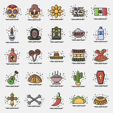 Icon set day of the dead. Day of the dead celebration elements. Icons in MB.. Stock Illustration