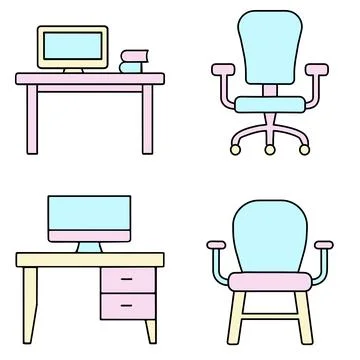 Icon set desk with computer chair cute doll furniture vector Stock Illustration