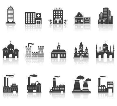 Icon set of different types of buildings Stock Illustration