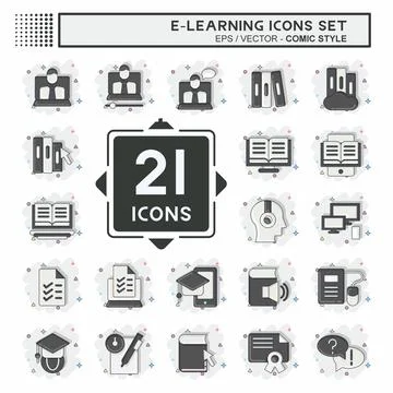 Icon Set E-Learning. related to Education symbol. Comic Style. simple desig.. Illustrazione stock