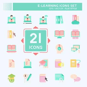 Icon Set E-Learning. related to Education symbol. flat style. simple design.. Illustrazione stock