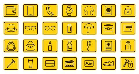 Icon Set of Everyday Items in Yellow Background for Creative Projects 스톡 일러스트