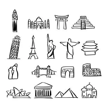 Icon set of famous landmarks around the world vector illustration sketch dood Illustrazione stock