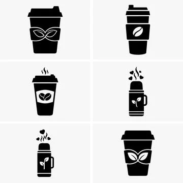 Icon set features varied black coffee cups and a thermos, each with unique fe Stock Illustration