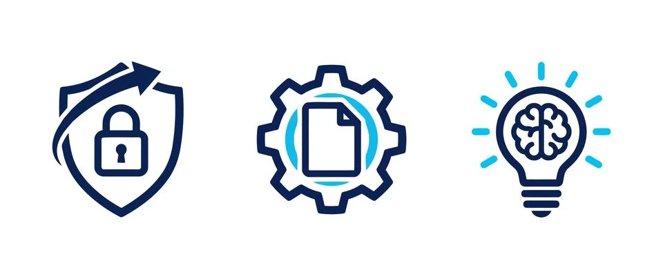 Icon set featuring security, document management, and innovation symbols Stock Illustration
