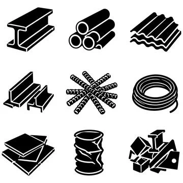 Icon Set Featuring Various Industrial Metal Construction Materials and Comp.. 库存插图