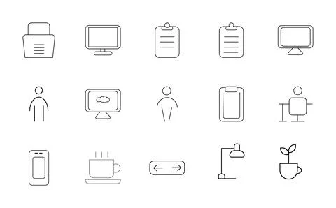 Icon set featuring various symbols including documents computers people and.. Stock Illustration