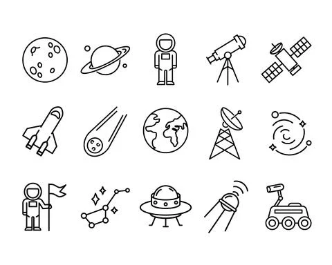 Icon set of flat space symbols. Pictogram for web. Line stroke. Isolated on w Stock Illustration