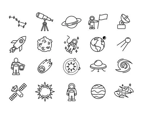 Icon set of flat space symbols. Pictogram for web. Line stroke. Isolated disc Stock Illustration