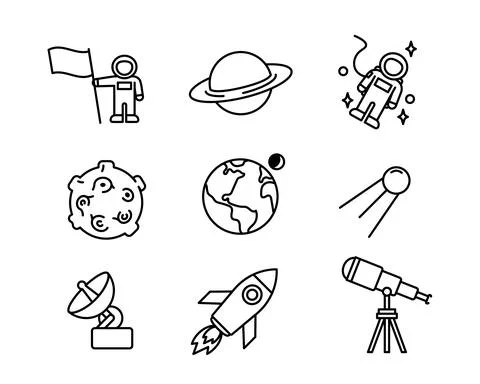 Icon set of flat space symbols. Pictogram for web. Line stroke. Isolated disc Stock Illustration