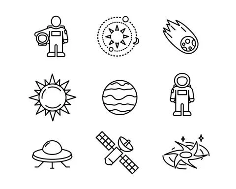Icon set of flat space symbols. Pictogram for web. Line stroke. Isolated disc Stock Illustration