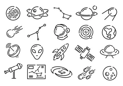 Icon set of flat space symbols. Pictograms for web design. Line stroke. Isola Illustrazione stock