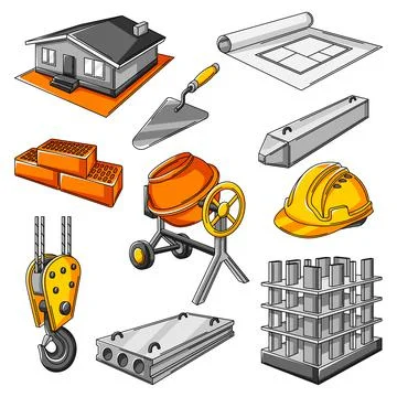 Icon set of housing construction items. Industrial repair or building symbols. Illustrazione stock