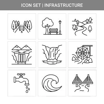 Icon set illustrating infrastructure elements like a car on a road, park be.. Stock Illustration