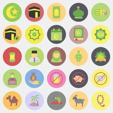 Icon set of islamic. Islamic elements of Ramadhan, Eid Al Fitr, Eid Al Adha.. Stock Illustration