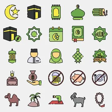 Icon set of islamic. Islamic elements of Ramadhan, Eid Al Fitr, Eid Al Adha.. イラスト素材
