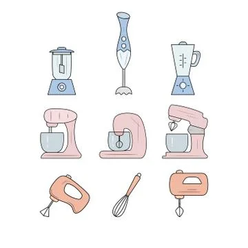 Icon set of kitchen accessories - whisk, mixer, blender.  Vector illustration. Stock Illustration