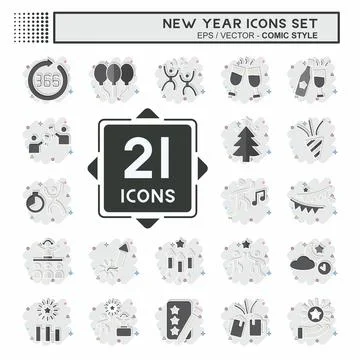 Icon Set New Year. related to Holiday symbol. comic style. design editable Stock Illustration