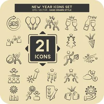 Icon Set New Year. related to Holiday symbol. hand drawn style. design editab Stock Illustration
