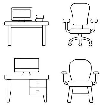 Icon set office desk with computer chair furniture outline vector Stock Illustration