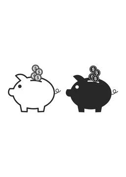 Icon Set of Outline and Solid Piggy Banks with Falling Dollar Coins Stock Illustration