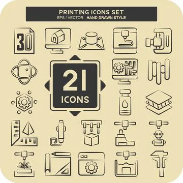 Icon Set Printing. related to Technology symbol. hand drawn style. design e.. Illustrazione stock