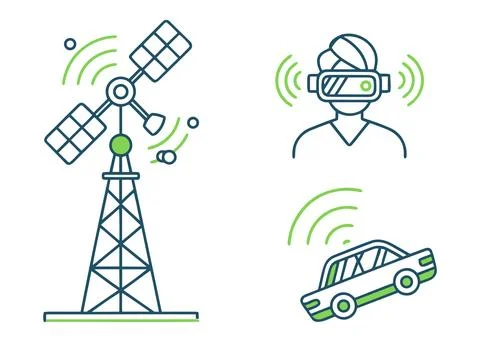Icon set representing renewable energy, virtual reality, and connected car 스톡 일러스트