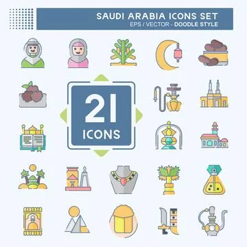Icon Set Saudi Arabia. related to Islamic symbol. doodle style. simple desi.. Illustration