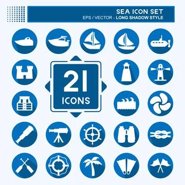 Icon Set Sea - Long Shadow Style - Simple illustration,Editable stroke Stock Illustration