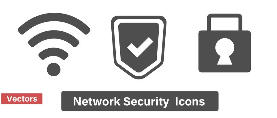 Icon set of shield and padlock with Wi-Fi and check mark. Vector. Stock Illustration