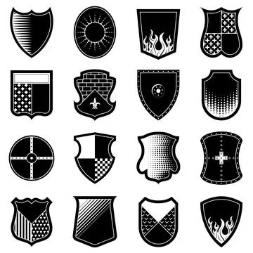 Icon set of shields in black-and-white colors Stock Illustration