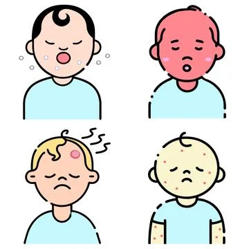 Icon set sick kid belch fever temperature abscess bubonic head Injury Stock Illustration