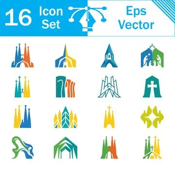 Icon set of sixteen vector graphics featuring architectural landmarks Stock Illustration