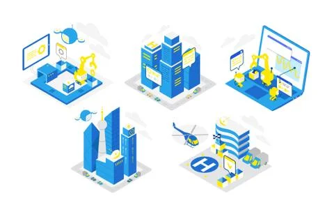 Icon set for software development. Programming testing robots, helicopter and Stock Illustration