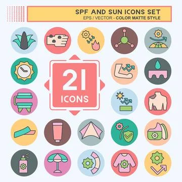 Icon Set Spf and Sun. related to Holiday symbol. color mate style. design e.. Stock Illustration