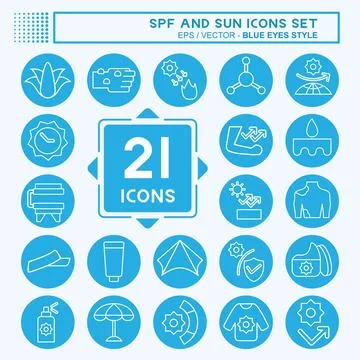 Icon Set Spf and Sun. related to Holiday symbol. blue eyes style. design ed.. Stock Illustration