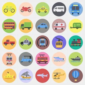 Icon set of transportations. Transportation elements. Icons in color mate s.. イラスト素材