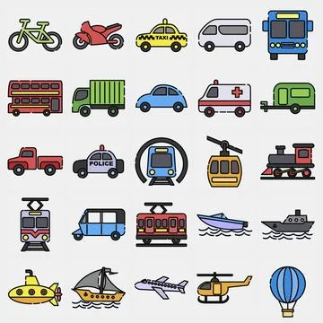 Icon set of transportations. Transportation elements. Icons in filled line .. イラスト素材